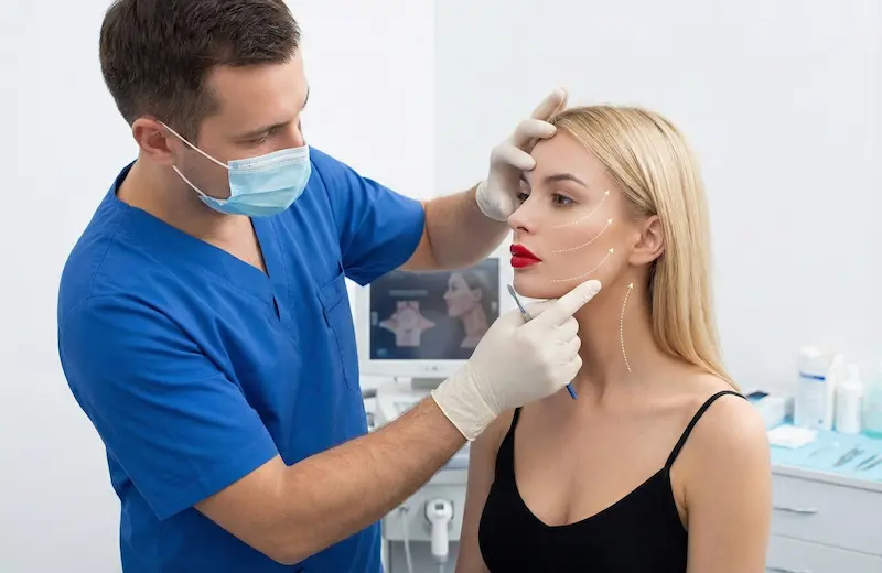 Female patient in consultation with a facial plastic surgeon, with lift vectors drawn on her cheek, illustrating how to choose the deep plane facelift best surgeon.