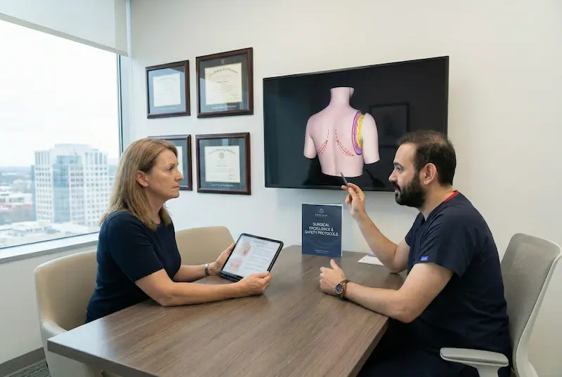 Upper Back Lift consultation showing surgeon explaining incision planning, safety standards, and technique options to a patient.