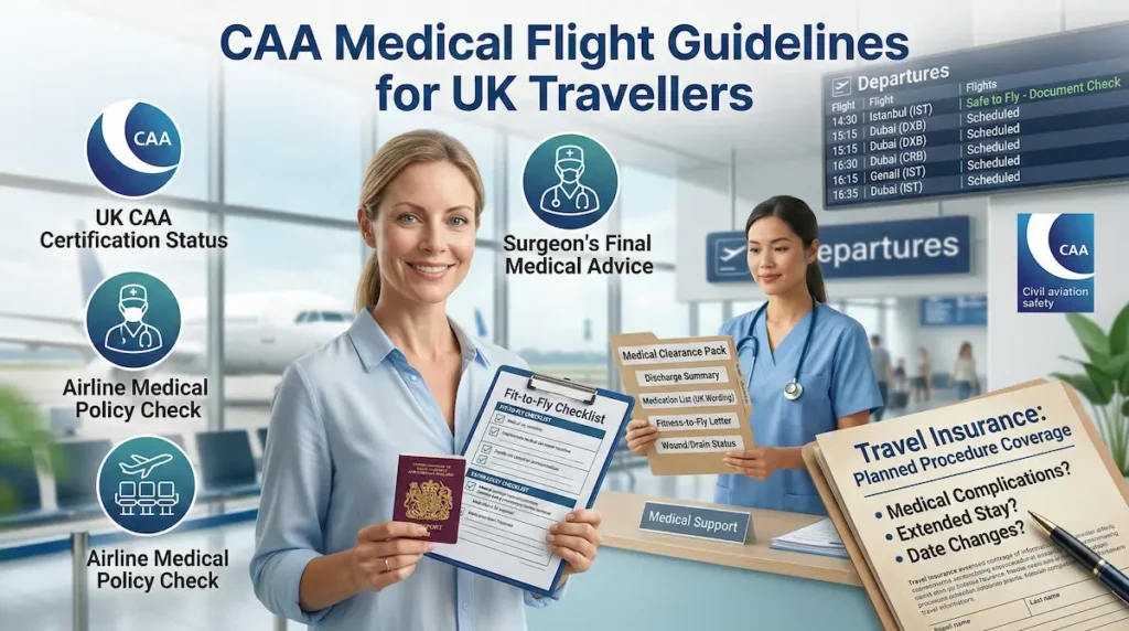 Surgery Abroad Safety Checklist image showing CAA medical flight guidance for UK travellers, including fit to fly checklist, medical clearance pack and airline policy checks.