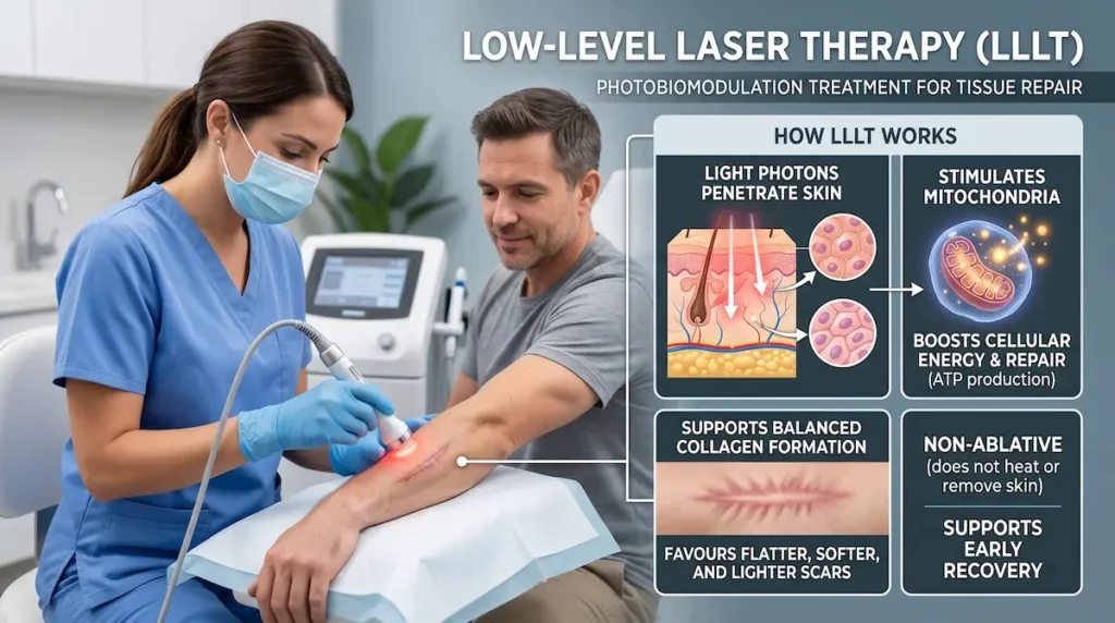 Minimize scars LLLT laser diagram showing photobiomodulation, collagen remodelling, and tissue repair after surgery.