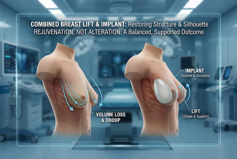 Combine a Breast Lift With Implants diagram showing droop correction plus implant volume and structural support.