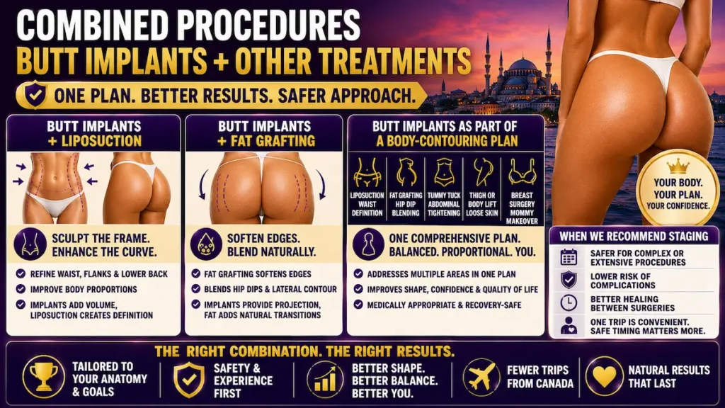 Butt implants combined procedures infographic showing liposuction, fat grafting and body-contouring treatment options