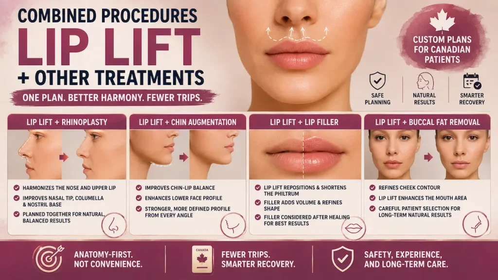 Lip lift in Turkey infographic showing combined procedures with rhinoplasty, chin augmentation, lip filler, and buccal fat removal.