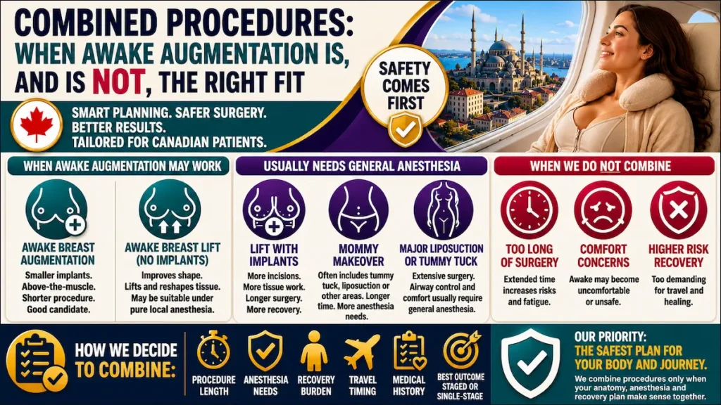 Awake Breast Augmentation combined procedures guide for Canadian patients explaining when local anesthesia may or may not fit.