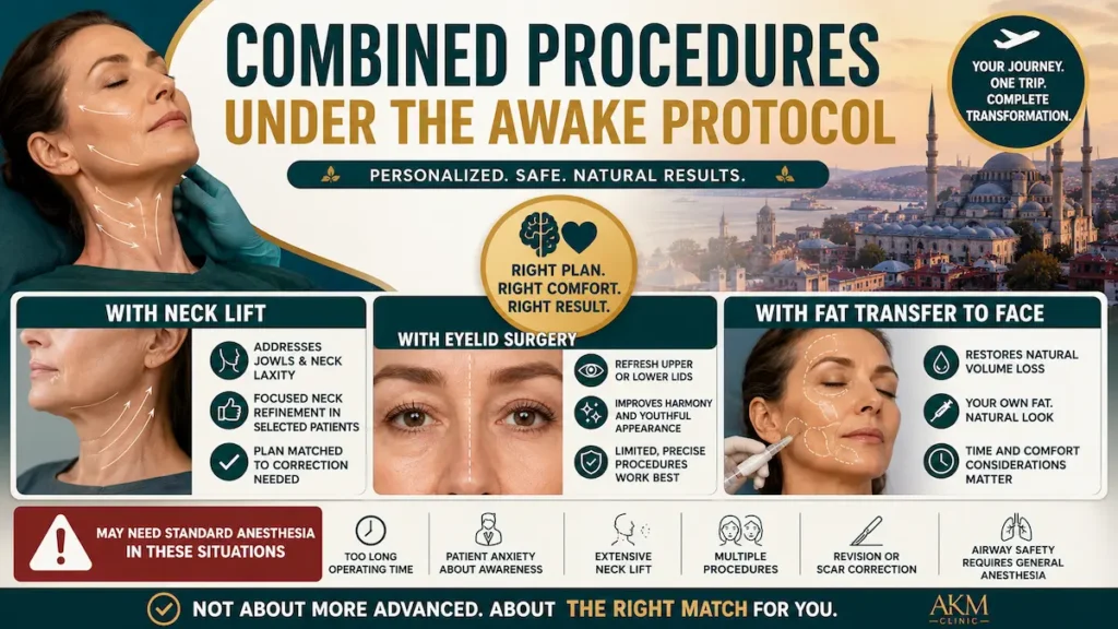 Combined procedures under the awake deep plane facelift protocol, including neck lift, eyelid surgery, and fat transfer for Canadian patients.