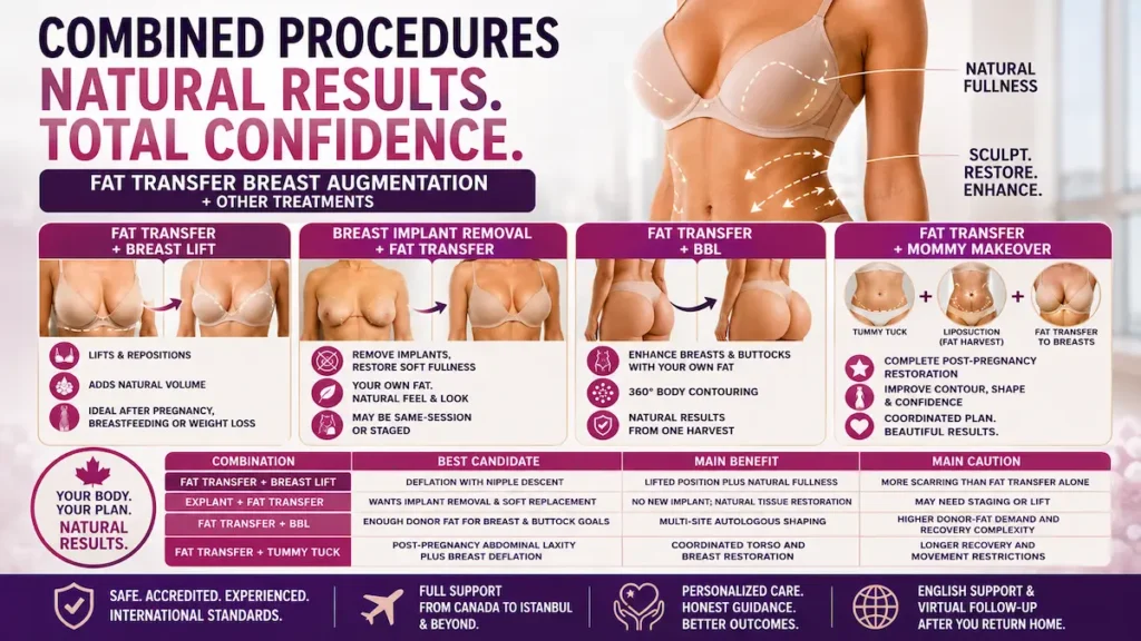Combined procedures with fat transfer breast augmentation infographic showing breast lift, explant, BBL, and mommy makeover options.