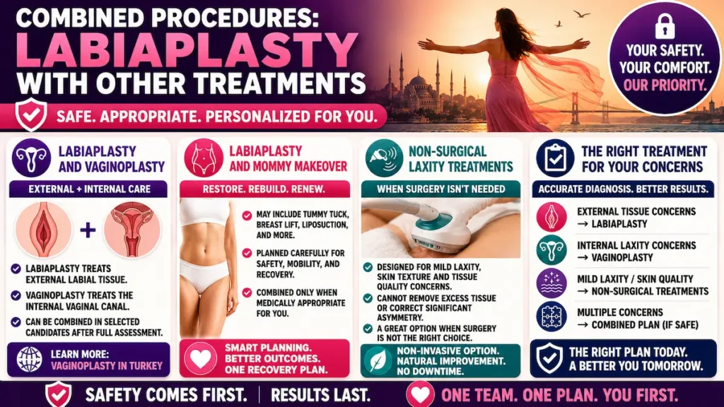 Labiaplasty combined procedures infographic showing vaginoplasty, mommy makeover, and non-surgical laxity treatment options for Canadian patients.