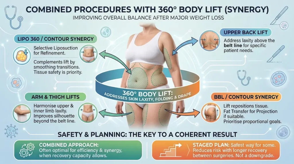 Combined Procedures with 360 Body Lift Surgery infographic showing Lipo 360, arm lift, thigh lift, upper back lift and BBL options.