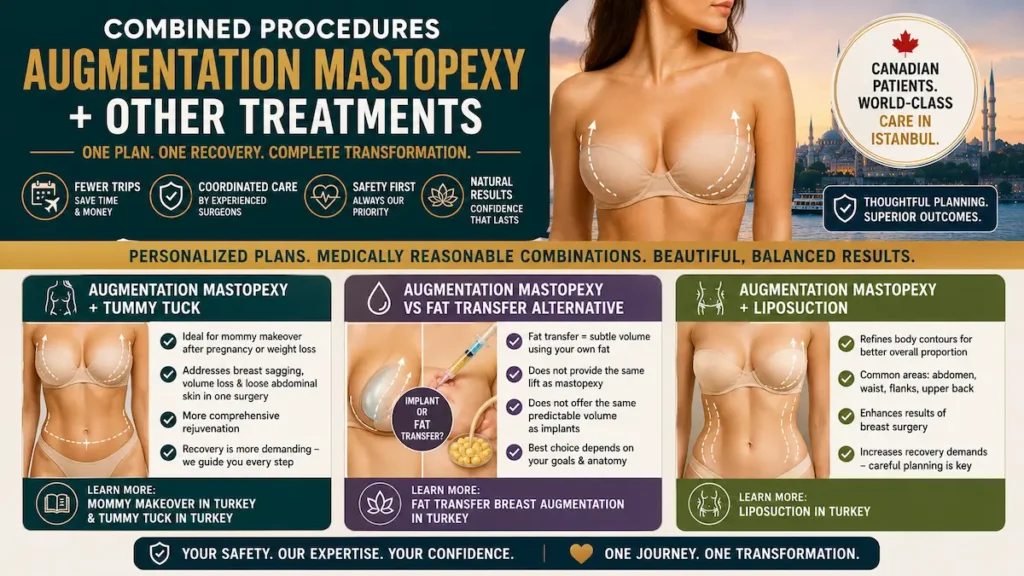 Combined Procedures with Augmentation Mastopexy infographic showing tummy tuck, fat transfer, and liposuction options.