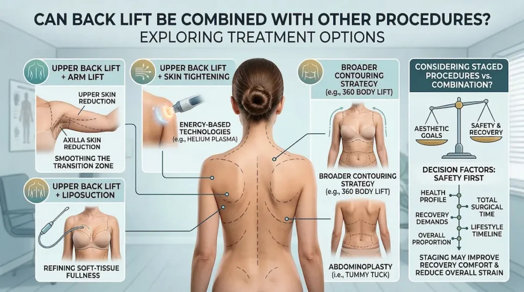 Upper Back Lift combined procedures infographic showing arm lift, liposuction, skin tightening, tummy tuck, and 360 body lift options.