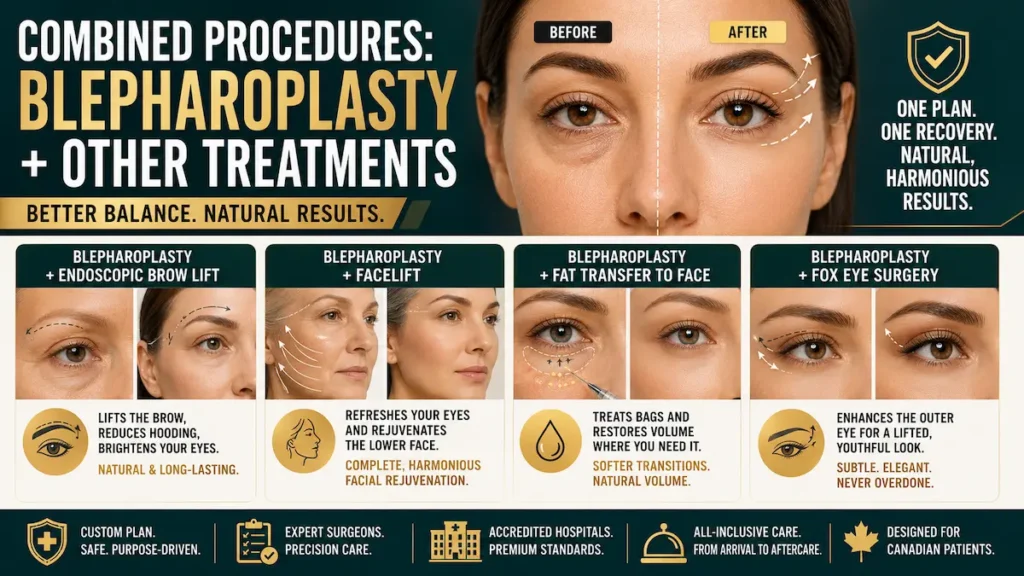 Combined procedures with blepharoplasty showing eyelid surgery with brow lift, facelift, fat transfer to face, and fox eye surgery options.