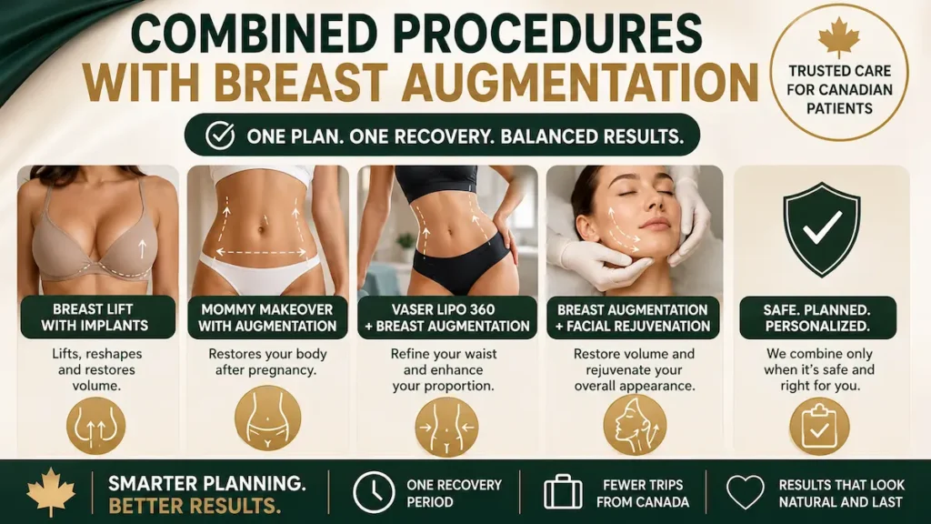 Combined procedures with breast augmentation infographic for Canadian patients showing breast lift, mommy makeover, VASER Lipo 360, and facial rejuvenation options.