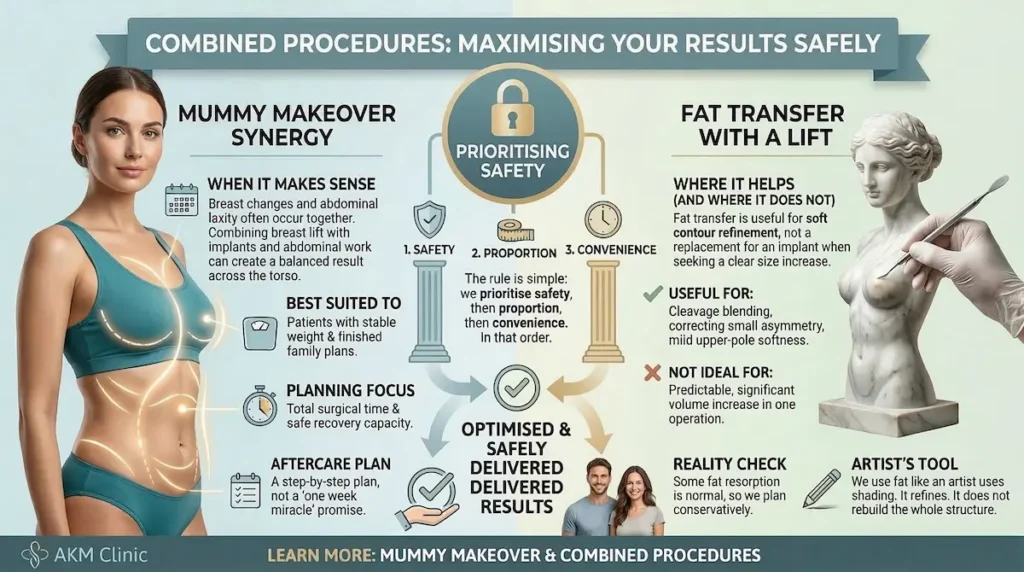 Infographic on combined procedures with breast lift with implants, showing mummy makeover synergy and fat transfer options with safety-first planning.
