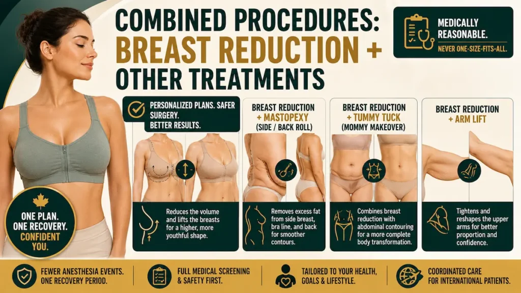 Combined procedures with breast reduction infographic showing mastopexy, liposuction, tummy tuck, and arm lift options for Canadian patients.