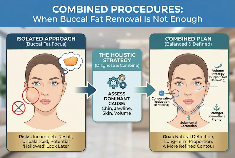 Buccal Fat Removal combined procedures infographic showing a holistic plan: assess chin, jawline, skin and volume for balanced contouring.