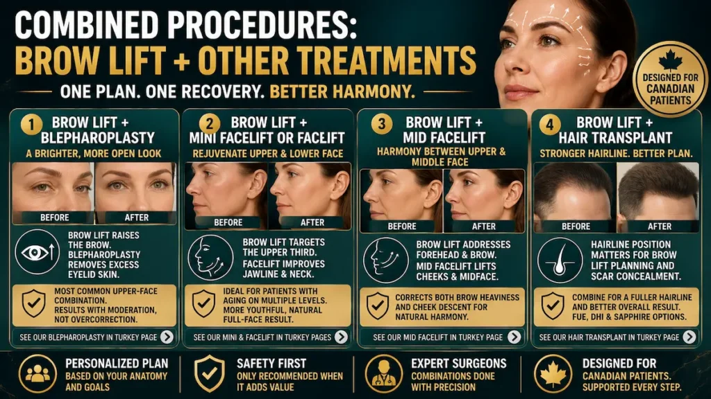 Combined procedures with endoscopic brow lift including blepharoplasty, mini facelift, mid facelift, and hair transplant options.