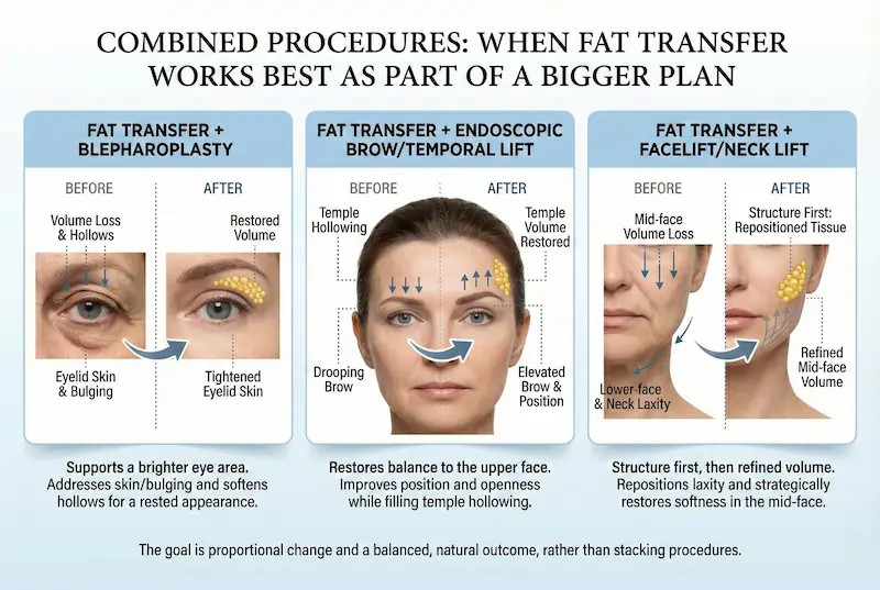 Fat Transfer To Face infographic showing combined blepharoplasty, brow/temporal lift and facelift/neck lift plans.