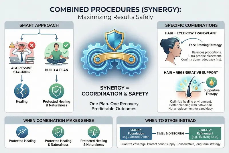 Hair Transplant For Women infographic showing combined procedures (synergy), including hair + eyebrow transplant, regenerative support, and when to stage treatments.