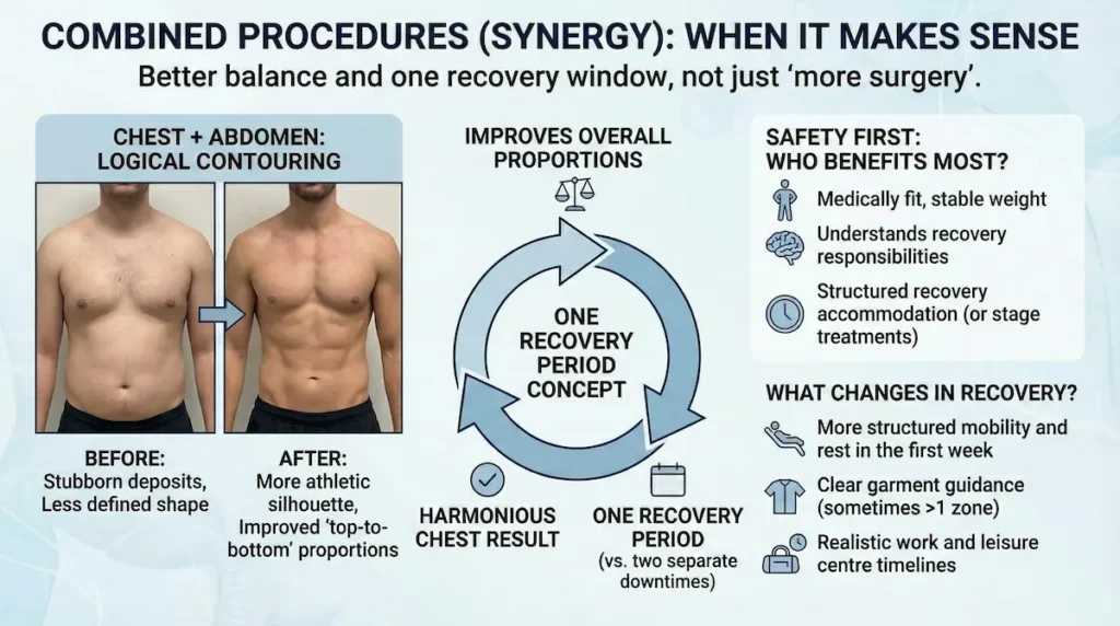 Infographic showing combined procedures with gynaecomastia surgery, combining chest correction with abdominal contouring for improved proportions and one recovery period.