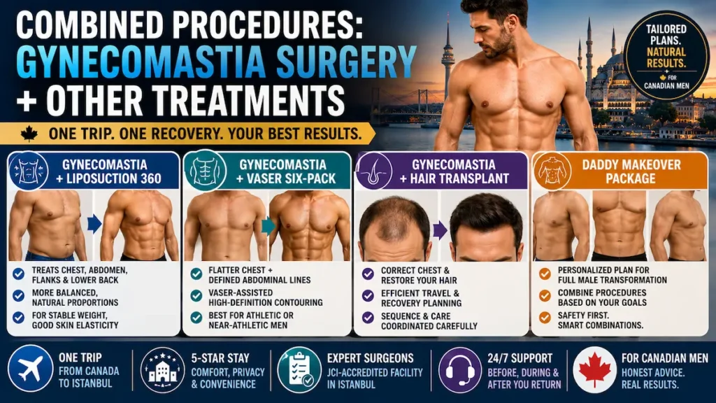 Combined procedures with gynecomastia surgery infographic showing liposuction 360, VASER six-pack surgery, hair transplant, and daddy makeover options