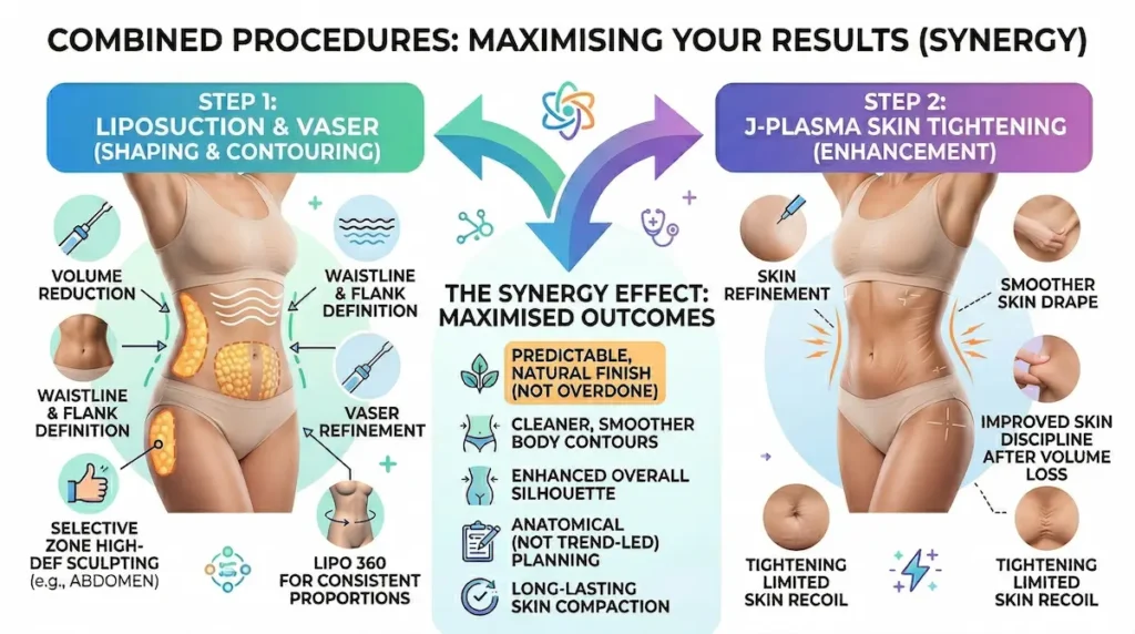 Combined procedures infographic showing Lipo 360 VASER liposuction plus J Plasma Skin Tightening for refined contours and improved skin drape.