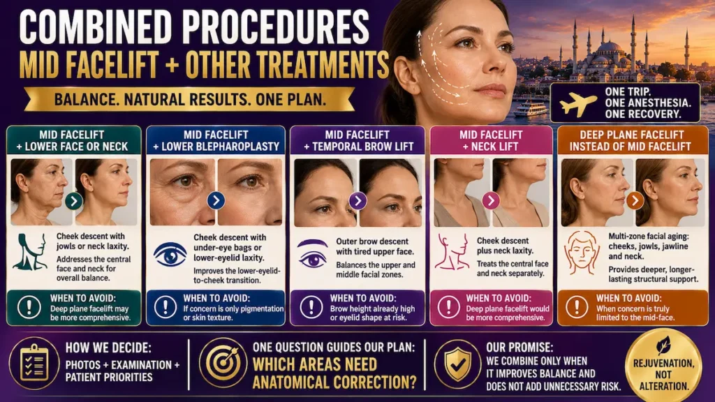 Combined Procedures with Mid Facelift diagram showing cheek lift with blepharoplasty, brow lift, neck lift and deep plane options.