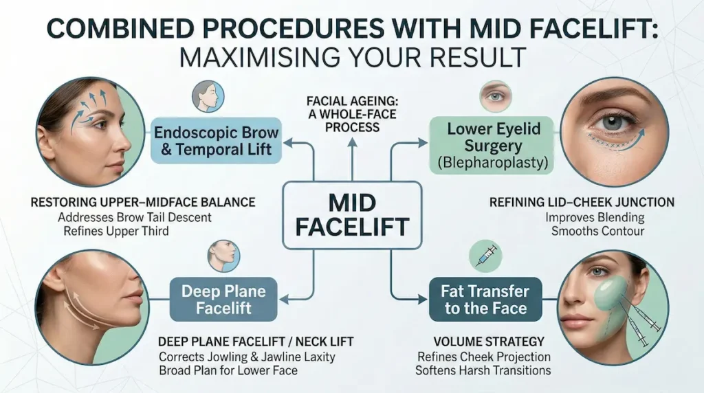 Mid Face Lift combined procedures infographic showing endoscopic brow and temporal lift, lower eyelid surgery (blepharoplasty), fat transfer to the face, and deep plane facelift/neck lift options.