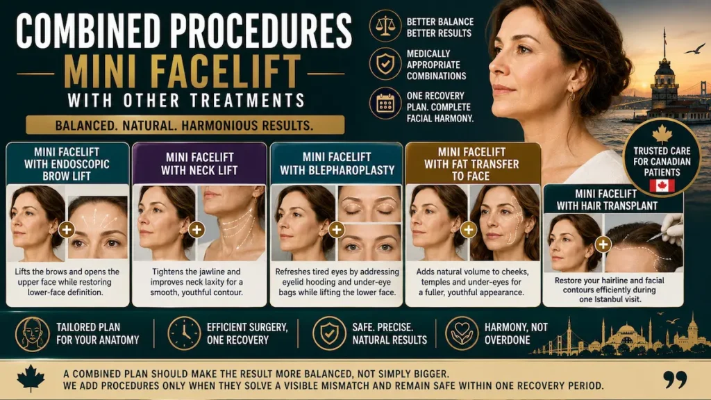 Mini facelift combined procedures infographic showing brow lift, neck lift, blepharoplasty, fat transfer, and hair transplant.