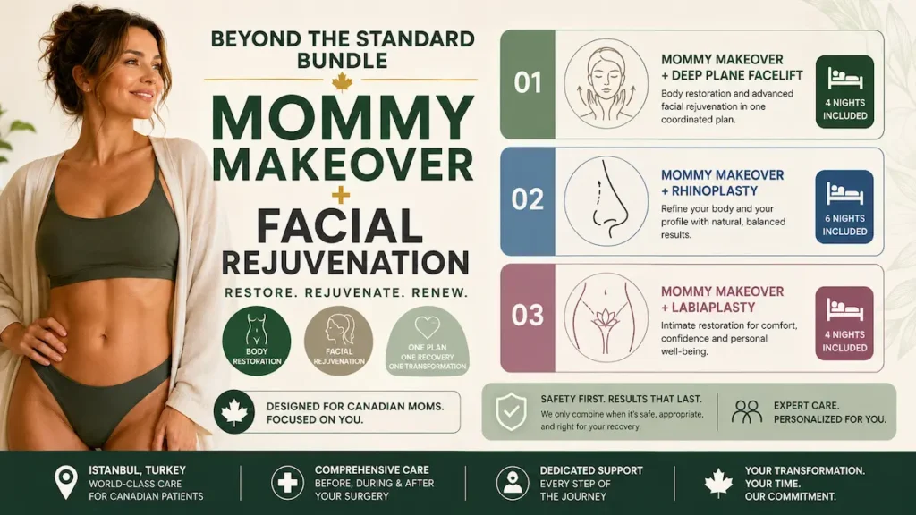 Combined Procedures with Mommy Makeover for Canadian mothers, including deep plane facelift, rhinoplasty, and labiaplasty options.