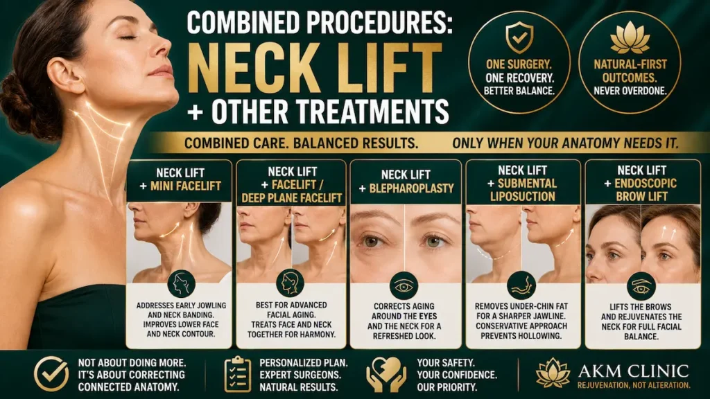 Combined procedures with neck lift infographic showing mini facelift, deep plane facelift, blepharoplasty, liposuction and brow lift options.