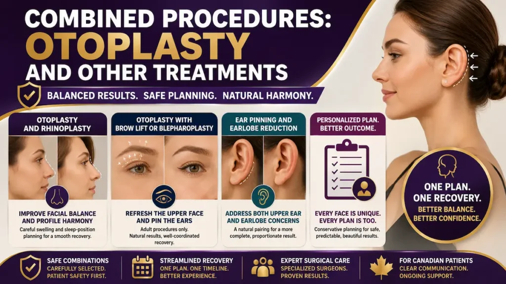 Combined procedures with otoplasty infographic showing ear pinning with rhinoplasty and blepharoplasty