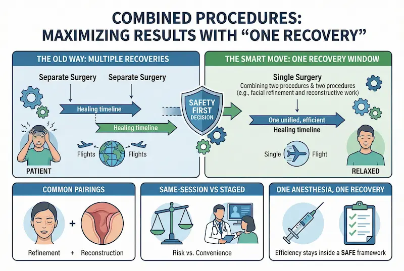 Combined procedures with vaginoplasty surgery infographic showing one recovery window vs multiple recoveries and safety-first planning.
