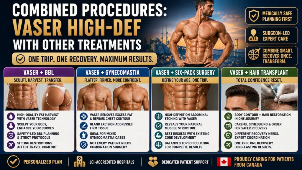 Combined Procedures with VASER High-Def infographic showing VASER with BBL, gynecomastia surgery, six-pack surgery, and hair transplant.