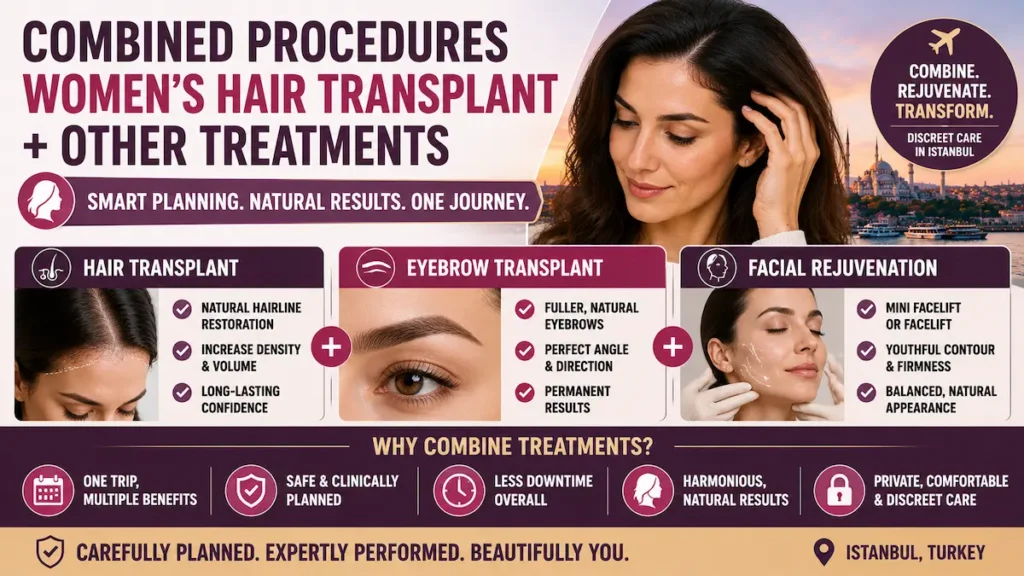 Combined procedures with women’s hair transplant infographic showing hair restoration, eyebrow transplant, facial rejuvenation, and discreet care in Istanbul.