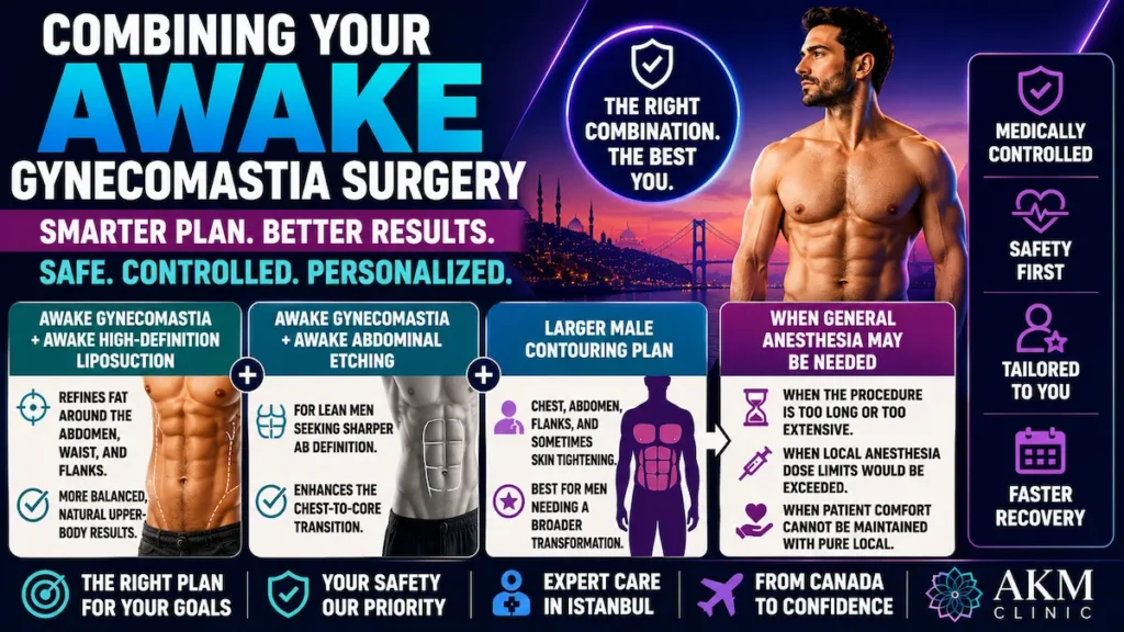 Combining awake gynecomastia surgery with high-definition liposuction or abdominal etching for men.