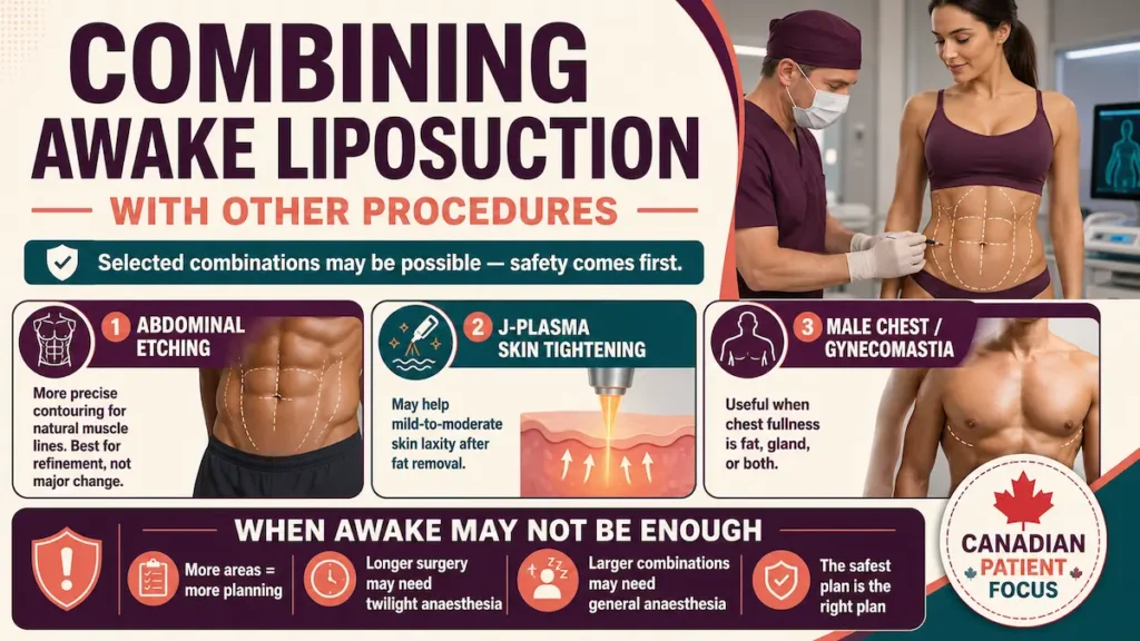 Combining Awake Liposuction with other procedures infographic showing abdominal etching, J-Plasma skin tightening, male chest contouring, and anesthesia safety planning.