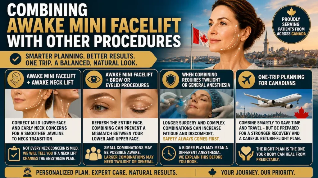 Combining Awake Mini Facelift with other procedures such as awake neck lift, brow or eyelid surgery, and one-trip planning for Canadians.