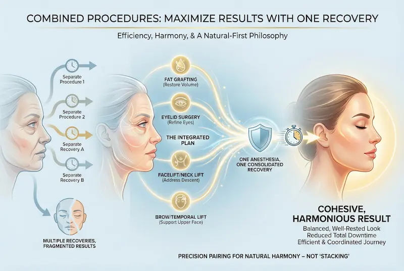 Combining procedures with Fat Transfer to Face infographic showing integrated plan for one anesthesia and one consolidated recovery.