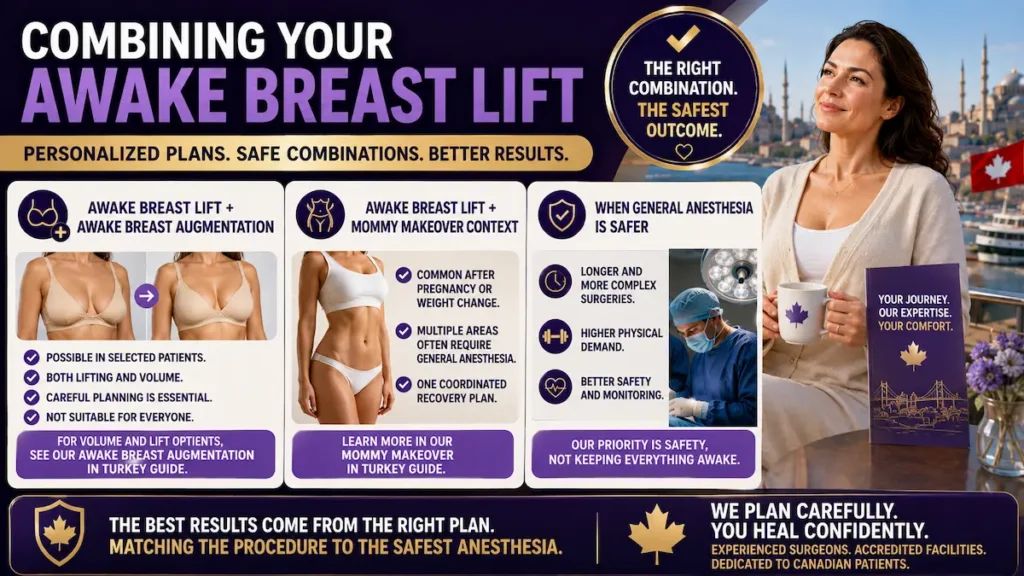 Combining your awake breast lift with augmentation or mommy makeover planning, showing safe anesthesia choices for Canadian patients.