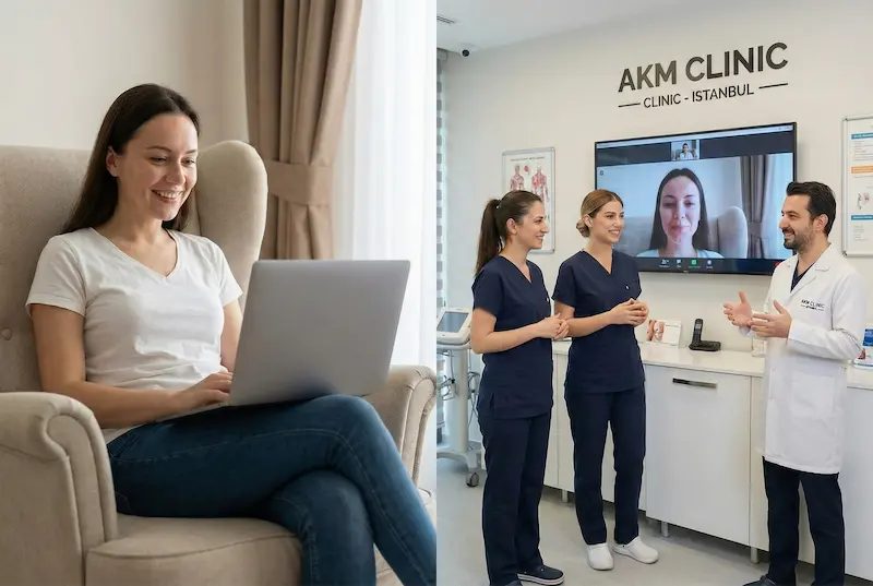 Common back home problems after flying home: patient using laptop for remote follow-up while surgical team provides postoperative care guidance via video consultation.