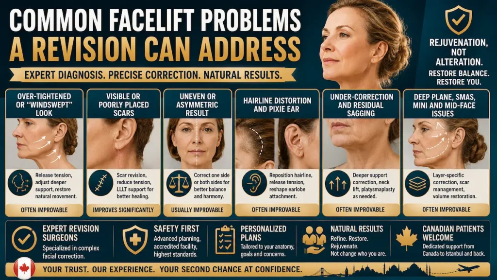 Revision facelift problems image showing windswept look, visible scars, asymmetry, pixie ear, and under-correction.
