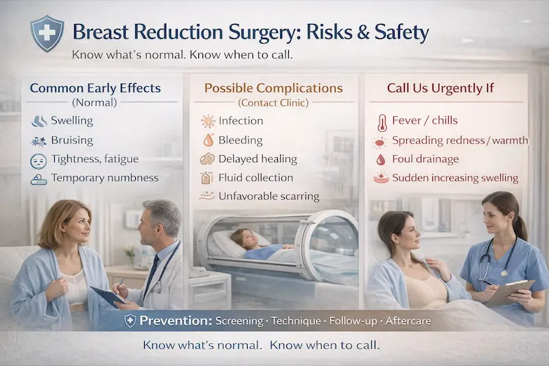 Common Problems After Breast Reduction Surgery infographic showing normal early effects, possible complications, and urgent warning signs.