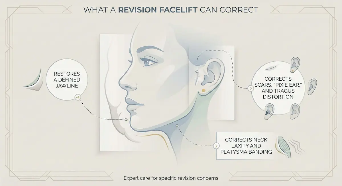 Illustration detailing common corrections in revision facelift surgery, including fixing pixie ears, tragus distortion, recurrent jowls, and neck banding.