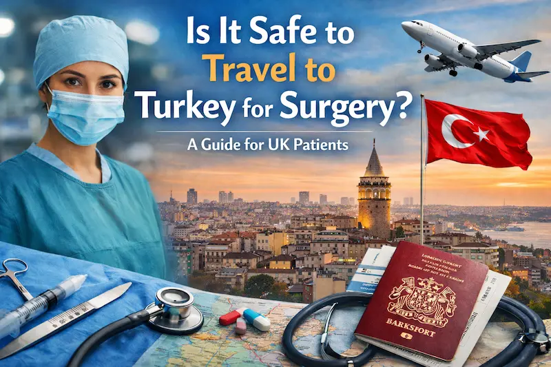 Cover image for UK patients asking “is it safe to travel to Turkey for surgery”, featuring a surgeon, a flight to Istanbul, the Turkish flag and Galata Tower skyline.