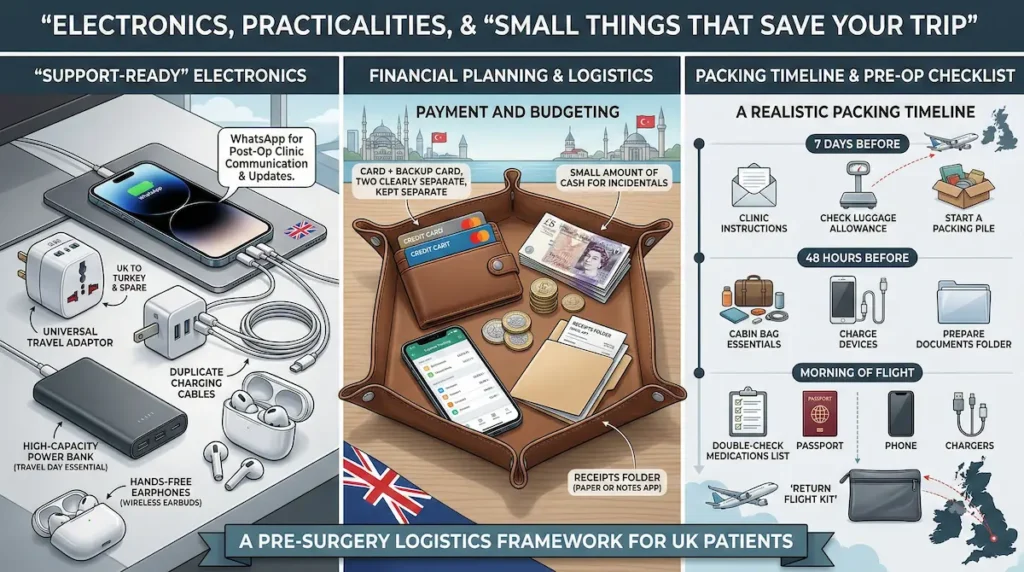 Pre-Surgery Checklist infographic showing support-ready electronics, payment and budgeting essentials, and a realistic packing timeline for UK patients travelling to Turkey for surgery.
