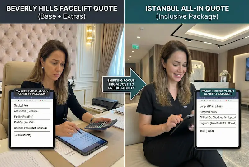 Side-by-side comparison of Beverly Hills facelift quote vs Istanbul all-in package showing cost clarity—cost differences they experienced