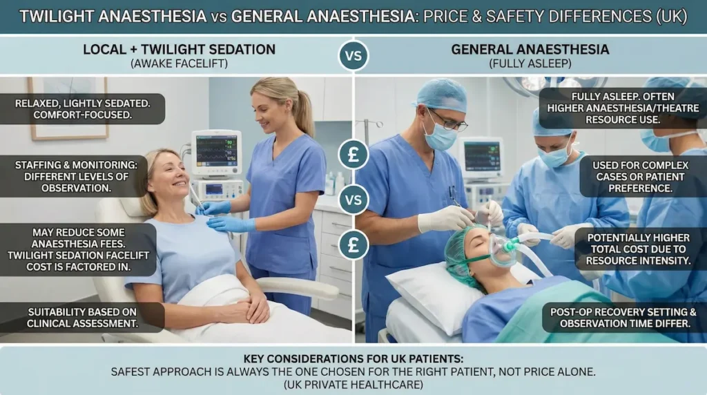 Awake Facelift Cost UK vs Turkey visual comparing local anaesthesia with twilight sedation versus general anaesthesia, highlighting price and safety differences for UK patients.