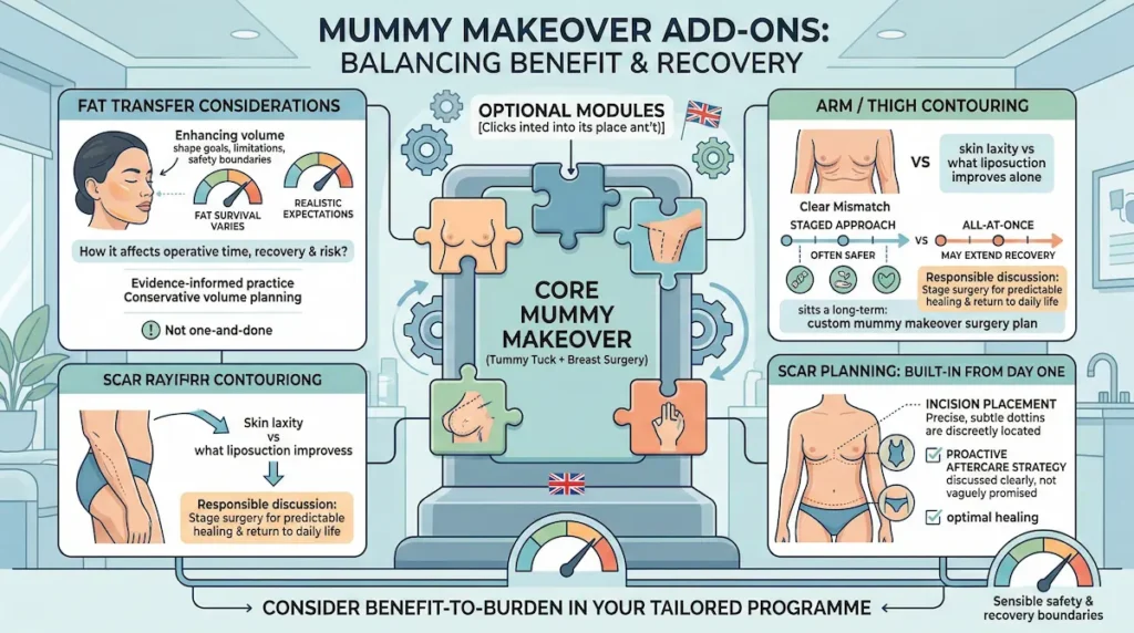 Infographic explaining optional mummy makeover add ons such as fat transfer, arm or thigh contouring and scar planning, helping UK patients understand mummy makeover package details and recovery impact.