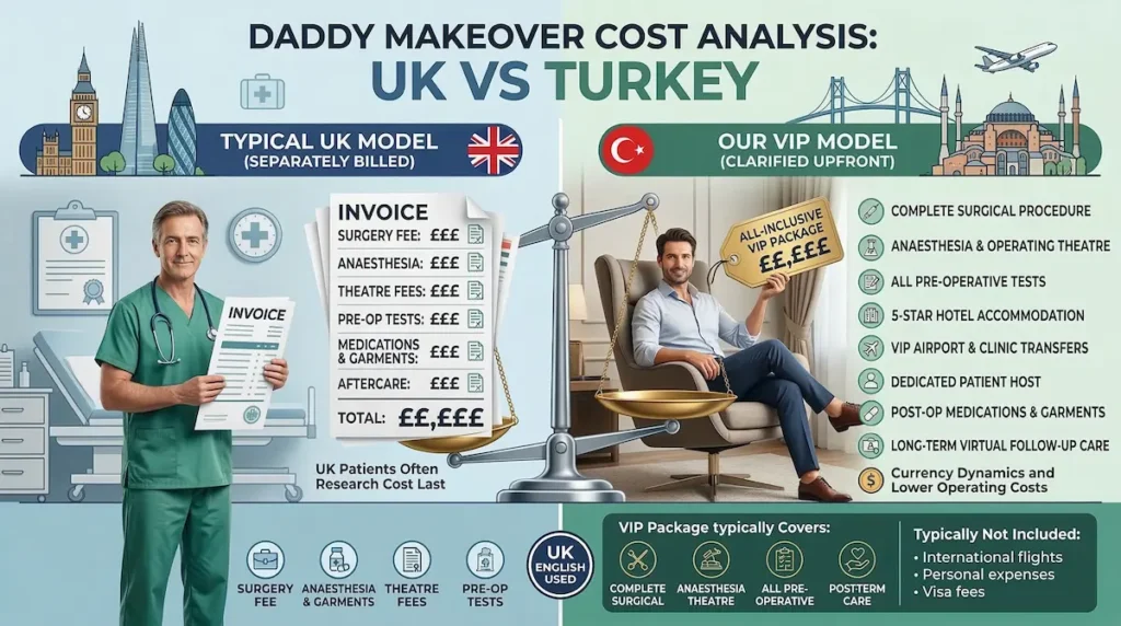 Daddy Makeover cost comparison infographic showing Turkey vs UK pricing model, inclusive VIP package versus itemised UK fees.