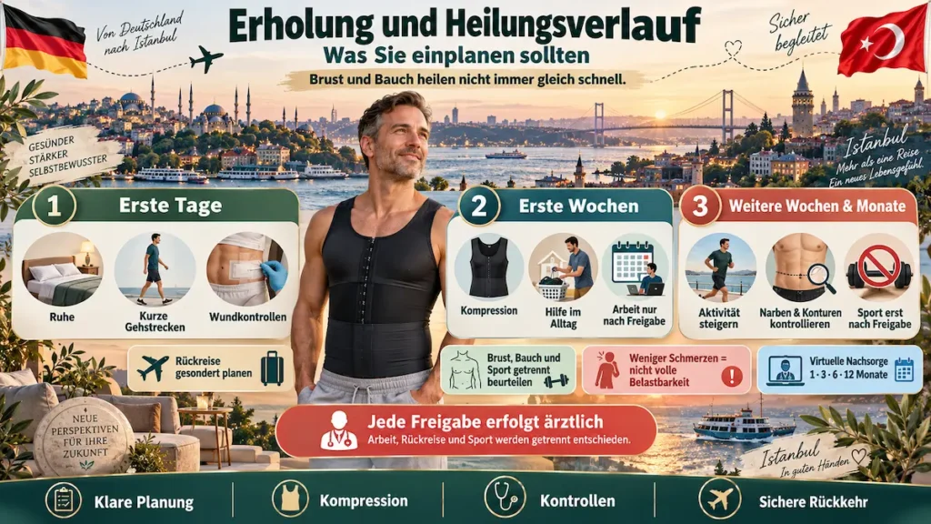Daddy Makeover in der Türkei: Heilungsverlauf mit Ruhe, Kompression, Wundkontrollen und ärztlicher Freigabe für Arbeit und Sport